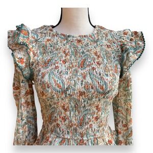 Three Bird Nest Smocked Paisley Floral Peplum Top Orange Teal Boho Sz M Festival